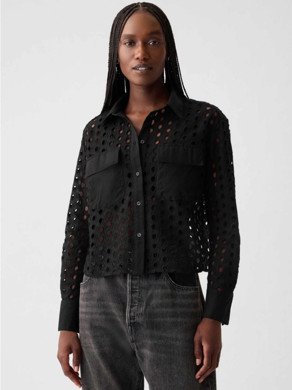 GAP Cropped Eyelet Black Button Up Women's Shirt